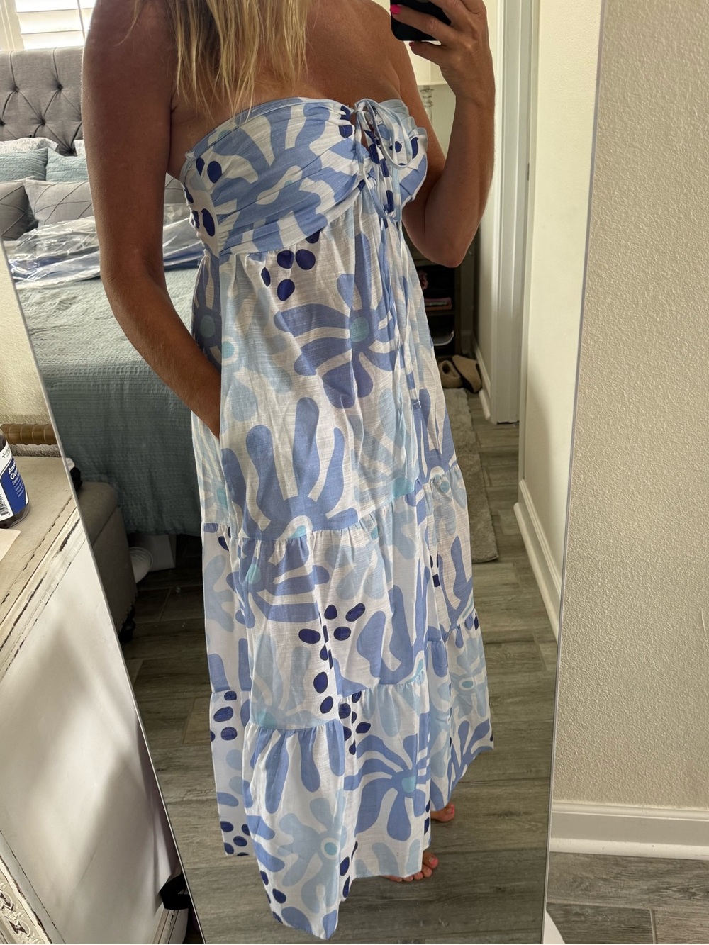 Strapless Blue & White Floral Maxi Dress